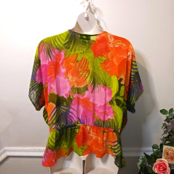 Lane Bryant Size 18/20 Sequin Trimmed Vibrant Tropical Floral Chiffon Blouse - Picture 7 of 10